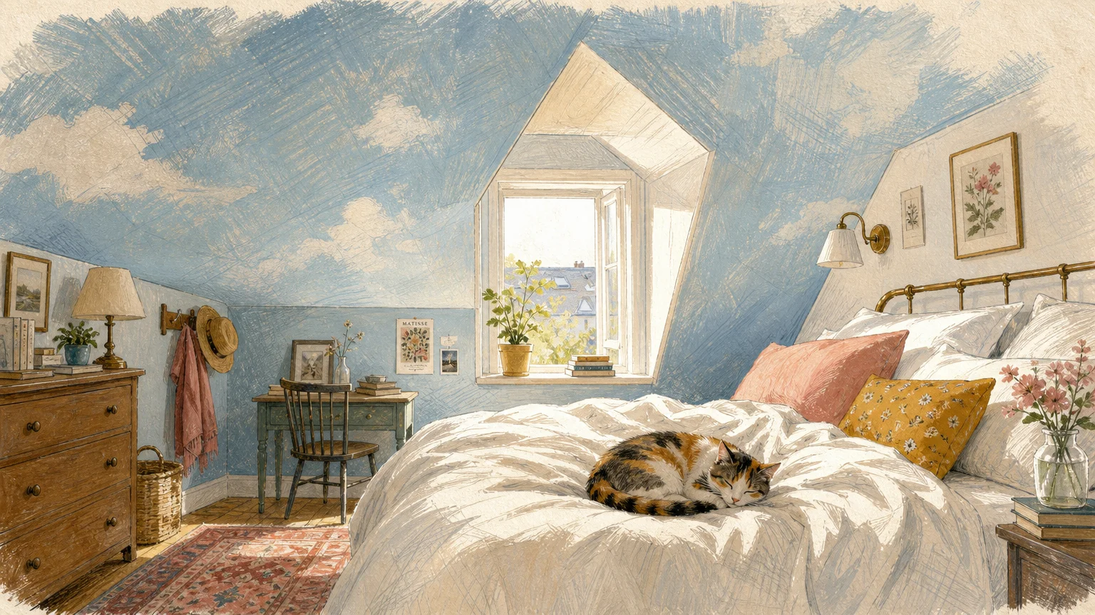 An illustration of an attic bedroom with a soft sky-blue sloped ceiling, making the cozy space feel open.