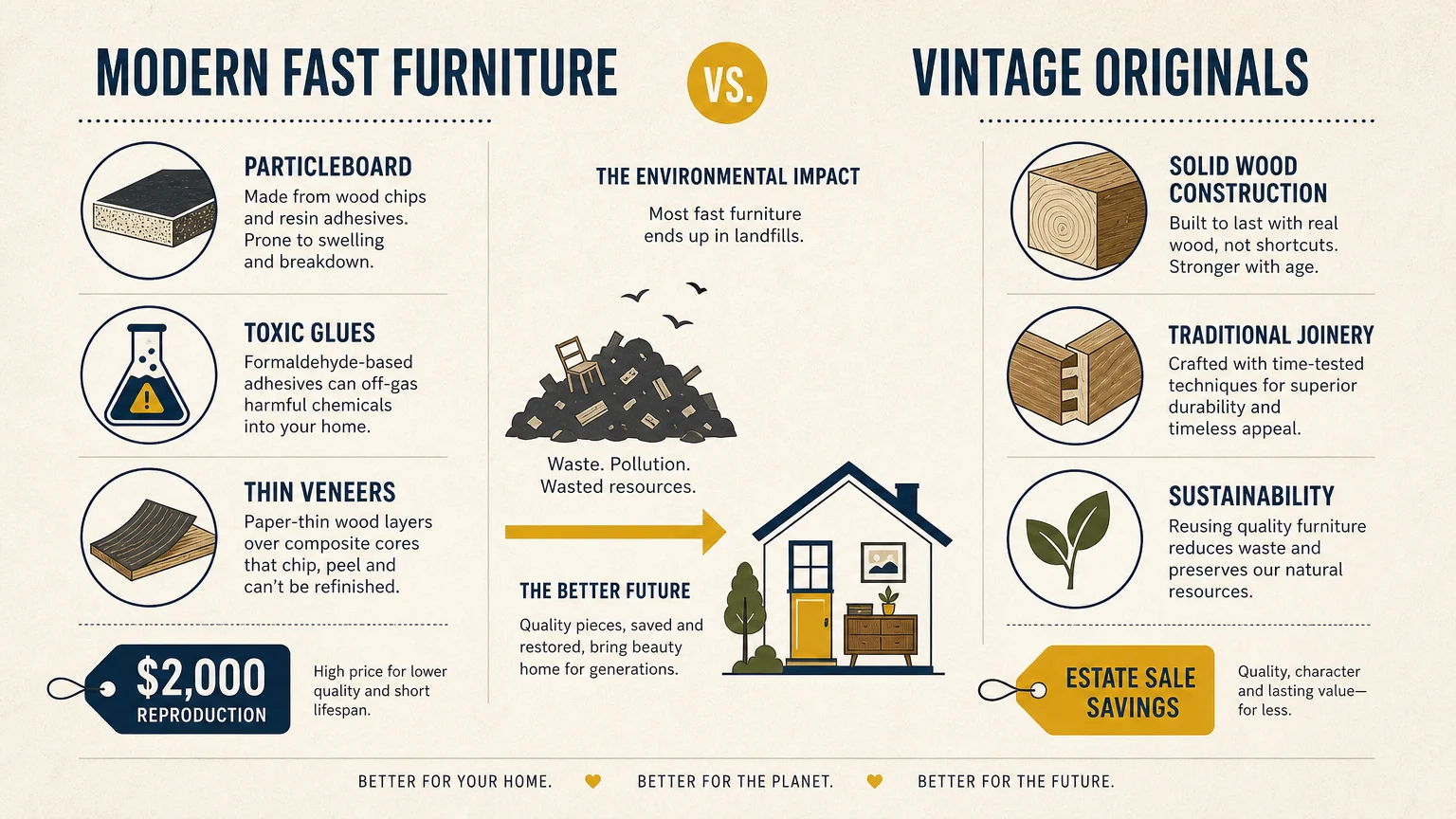 An infographic comparing modern fast furniture costs and materials against the savings and quality of vintage solid wood pieces.