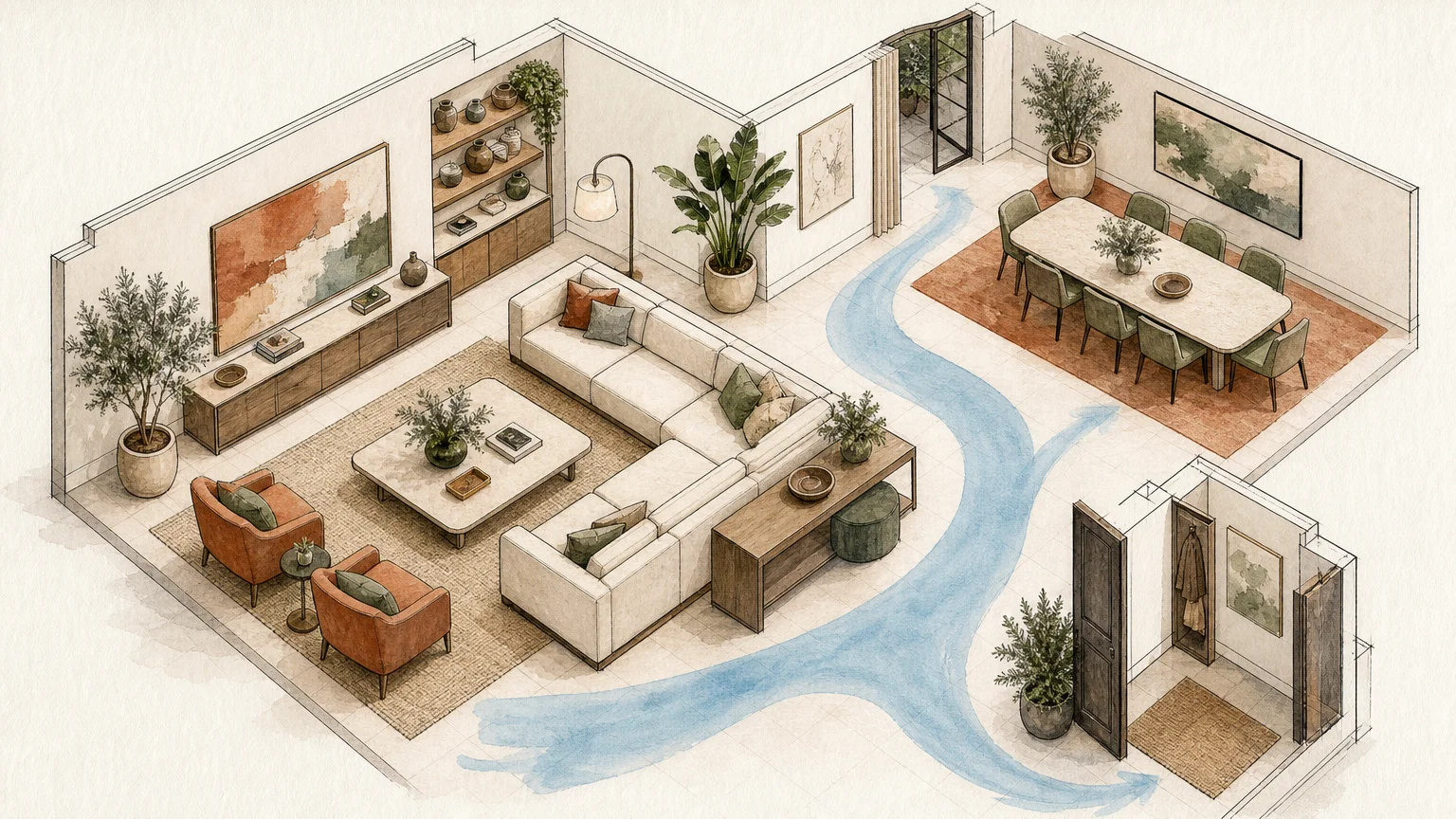 An ink and watercolor architectural illustration of a living room floor plan showing clear traffic flow and modular seating.