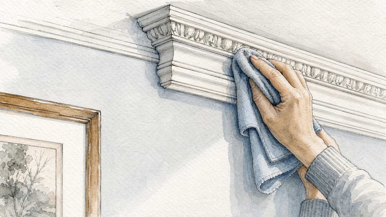 An ink and watercolor drawing of a hand dusting wall molding with a soft cloth.