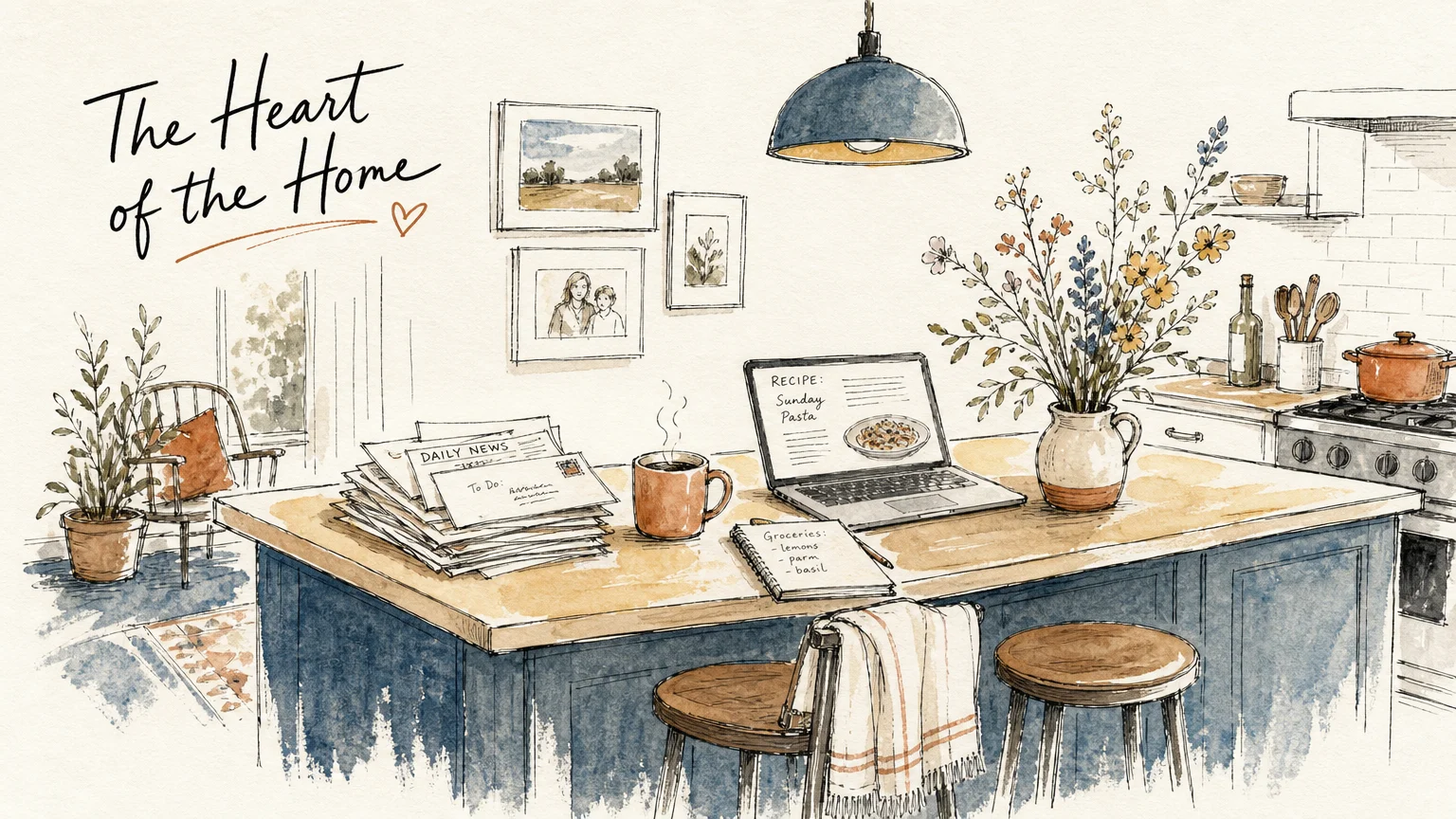An ink and watercolor illustration showing a kitchen island as the hub for mail, coffee, and family life.