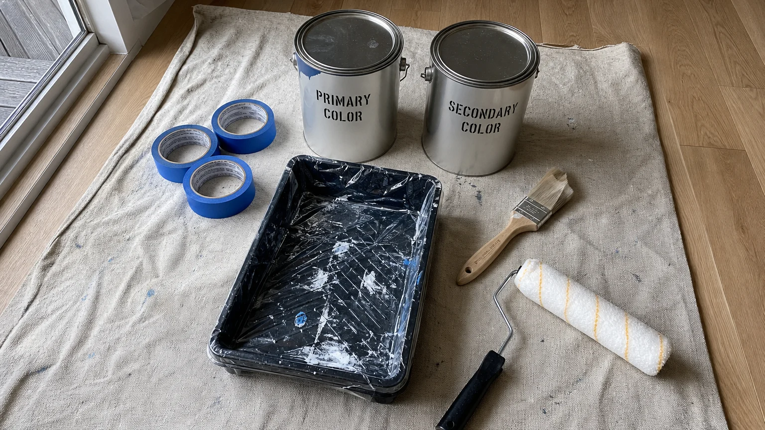 An overhead flat lay photo of painting supplies, including paint cans, blue painter's tape, and a roller, arranged on a canvas drop cloth.