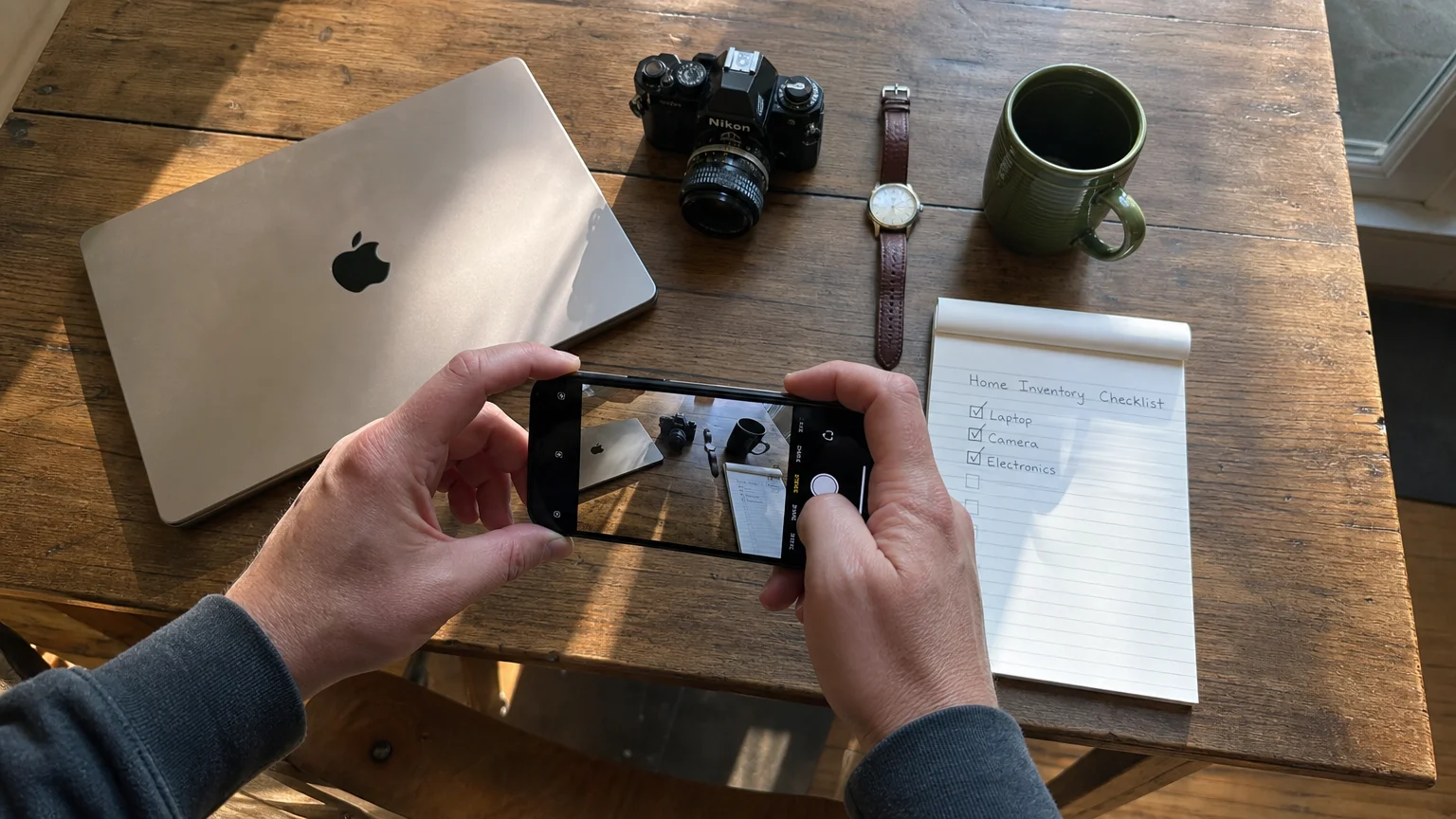 An overhead photo of hands using a smartphone to document a laptop, camera, and a handwritten home inventory checklist on a wooden table.