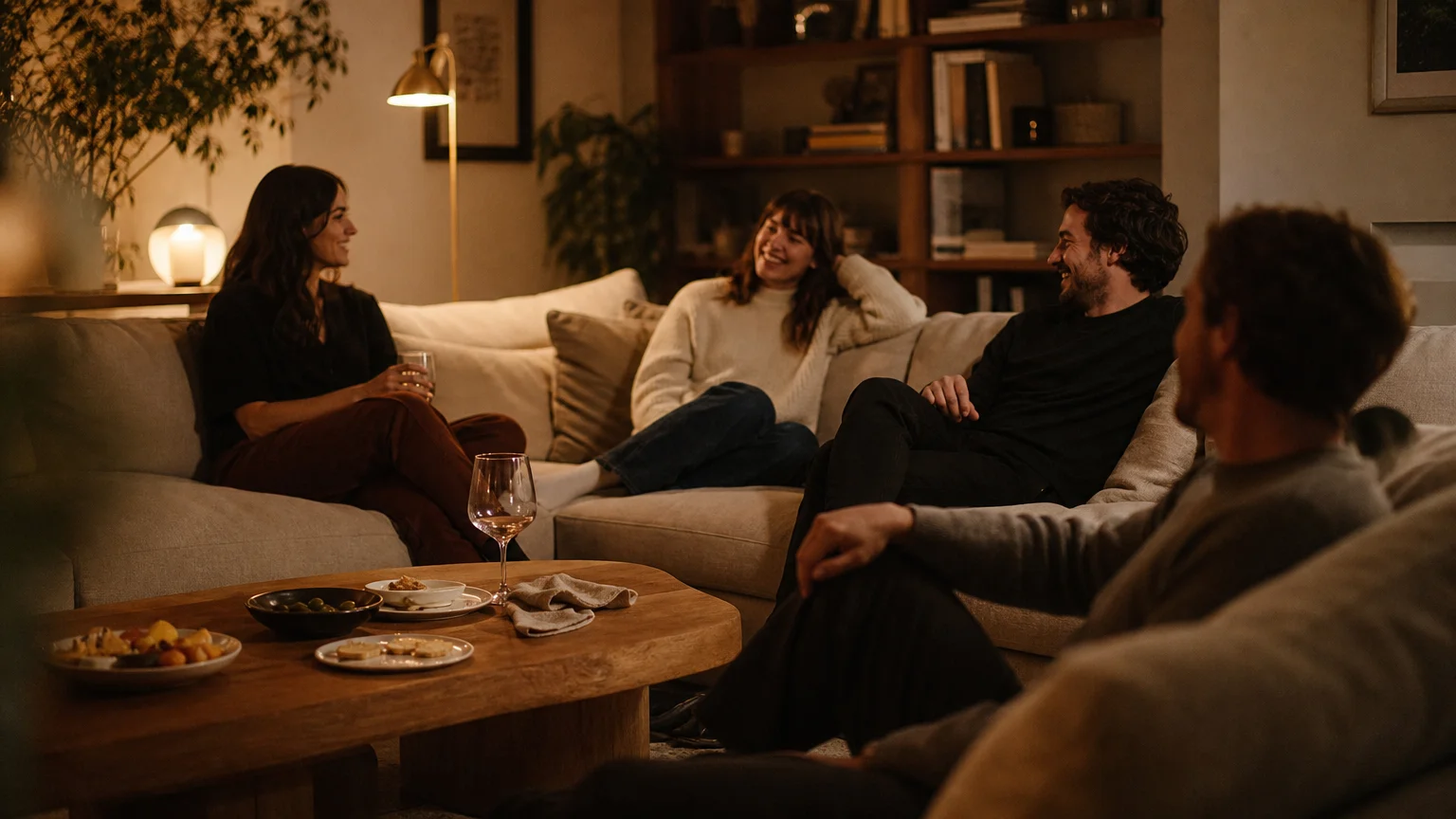 Candid photo of friends gathering in a cozy, well-lit living room, sitting on a modular linen sofa around a low oak table.