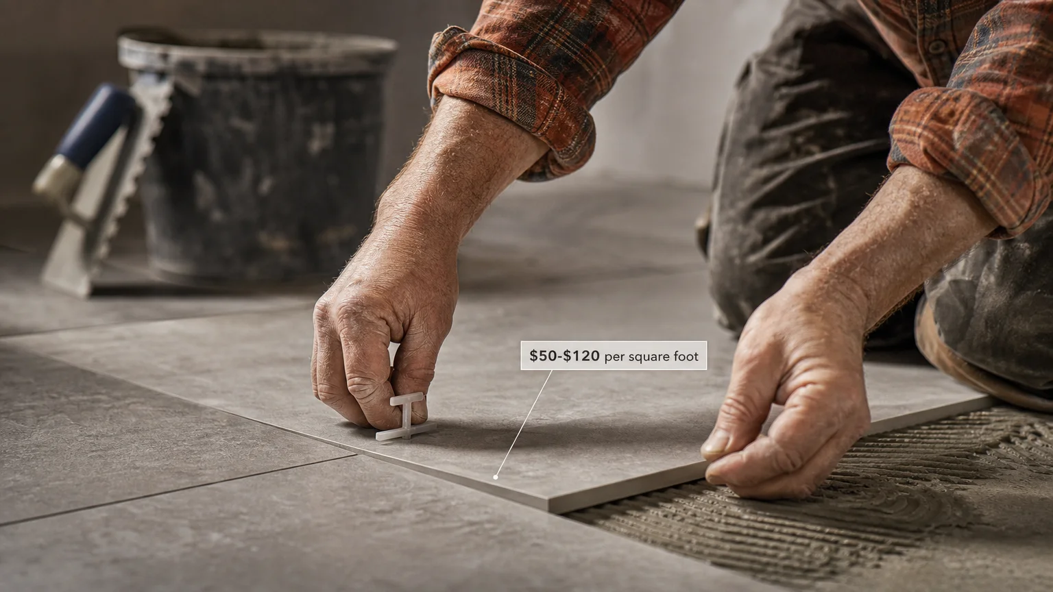 Close-up of a person's hands installing a large-format tile, showing a thin grout line and smooth material surface.