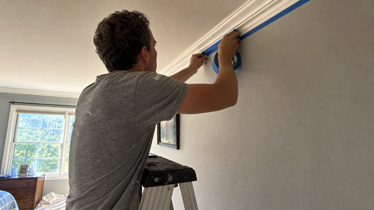 Close-up of hands carefully applying blue painter's tape along crown molding before painting a ceiling.