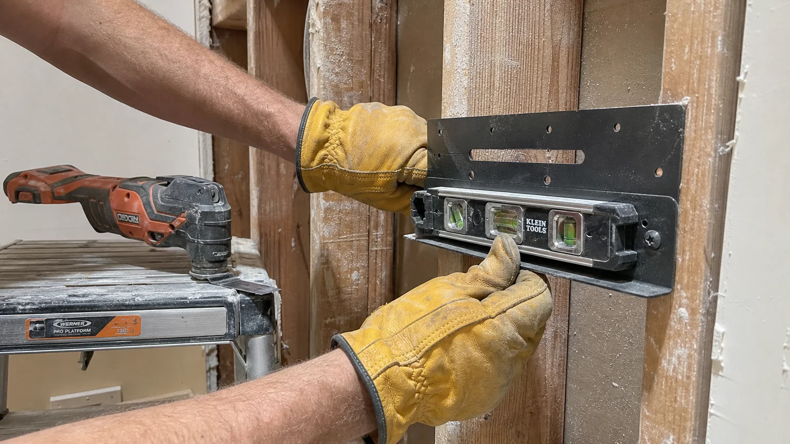Close-up of hands leveling a steel bracket against raw wood studs during a bathroom remodel.