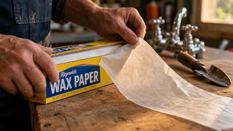 Close-up of hands pulling wax paper from a box on a wooden workbench with tools in the background.