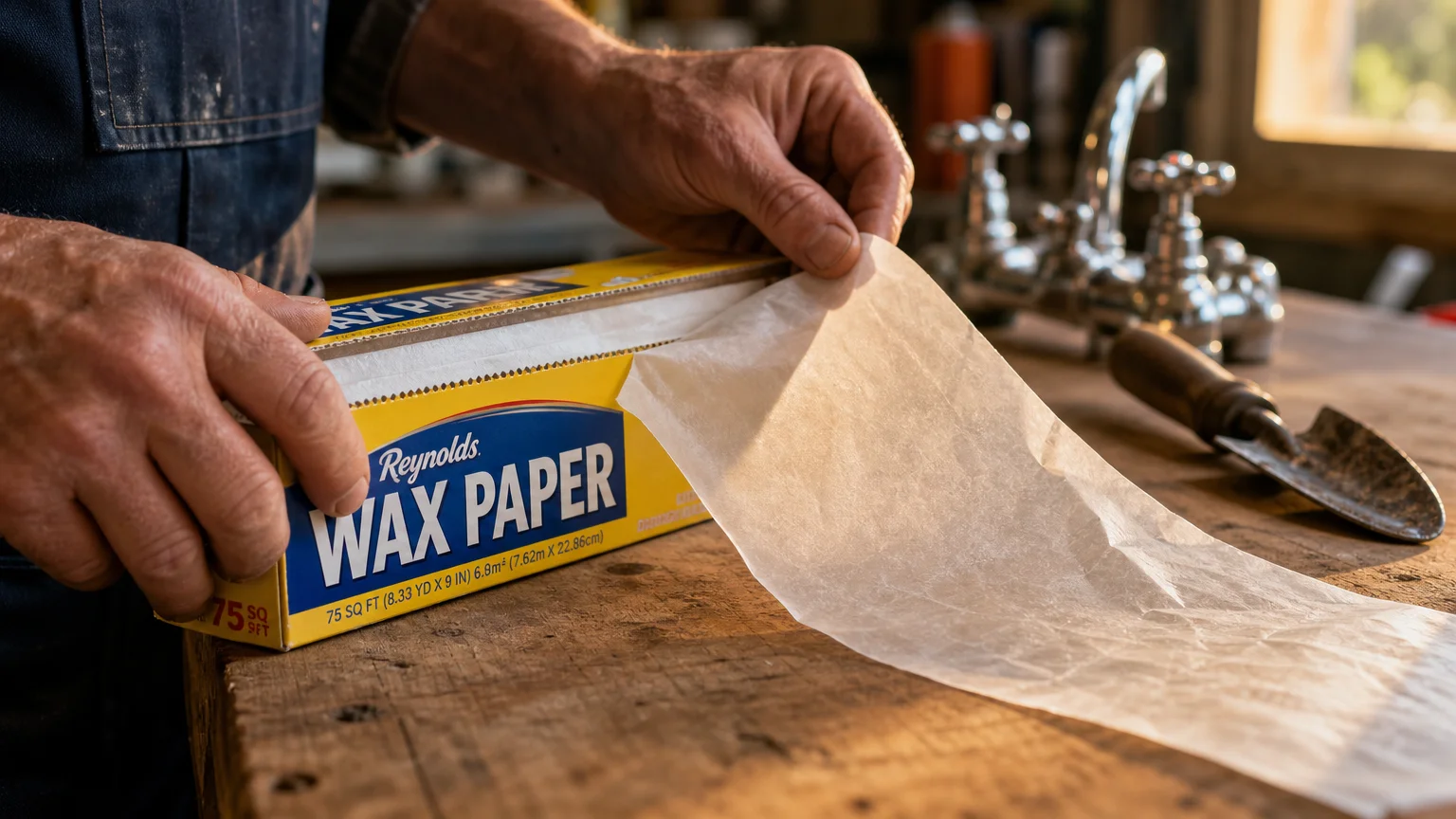 Close-up of hands pulling wax paper from a box on a wooden workbench with tools in the background.