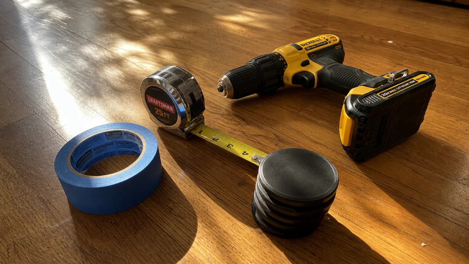 Flat lay photo of essential tools including blue painter's tape, a tape measure, a cordless drill, and furniture sliders on wood floors.