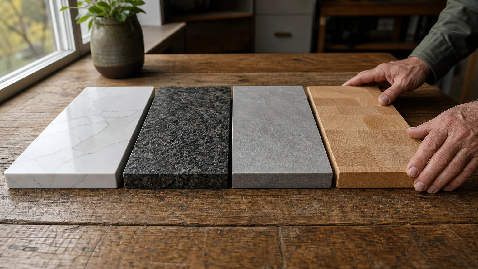 Four material samples of quartz, granite, sintered stone, and butcher block arranged side-by-side on a rustic wood table.