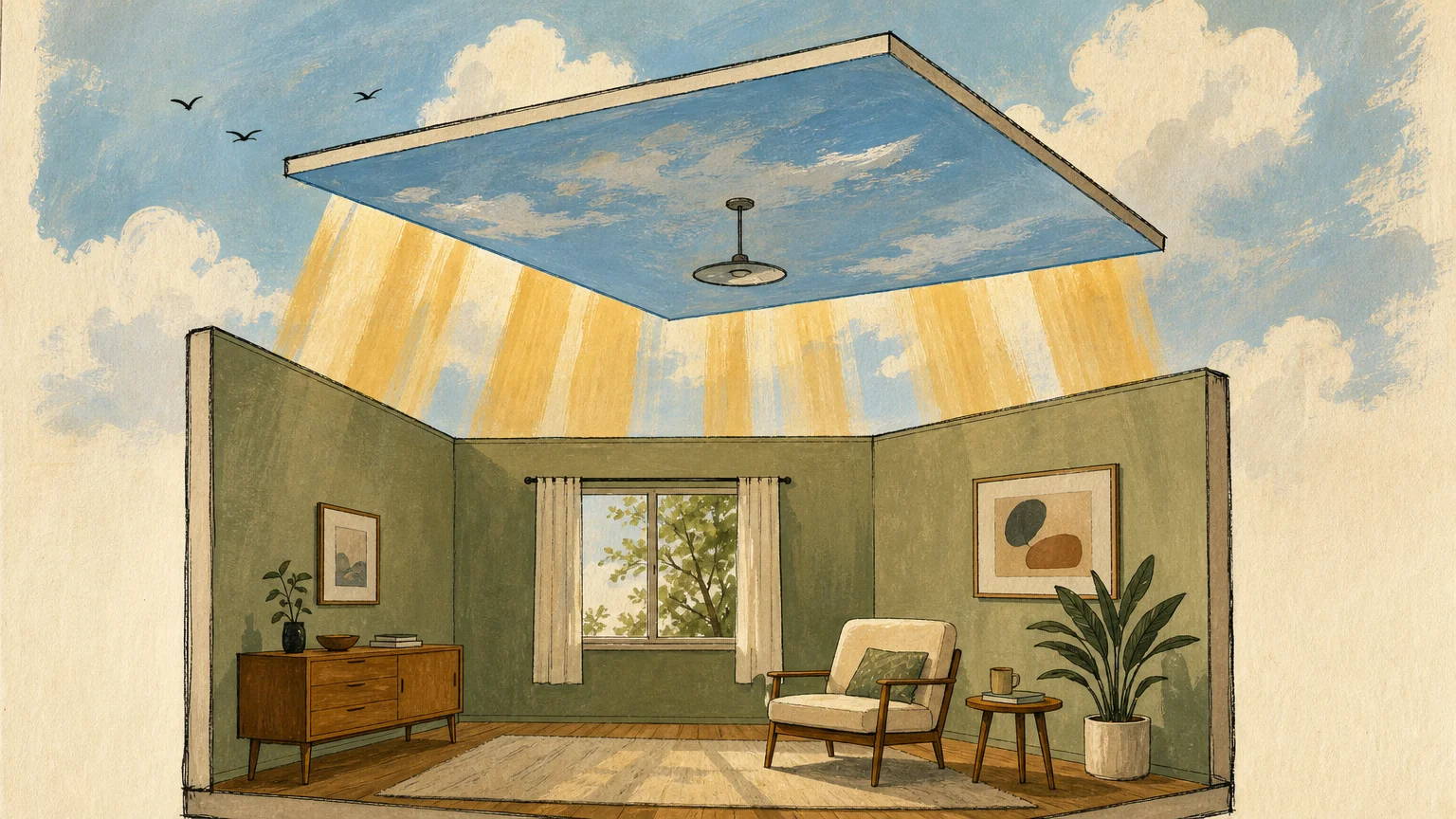 Gouache illustration of a room cross-section where the blue ceiling floats upward on rays of warm sunlight.