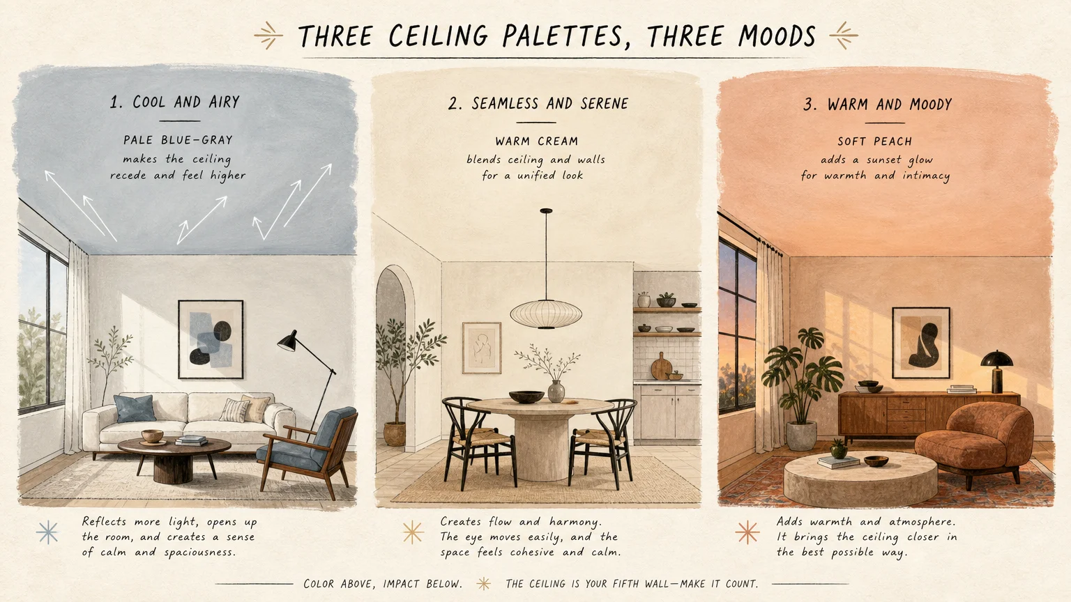 Gouache illustration of three panels showing different ceiling color options: pale blue, warm cream, and soft peach.
