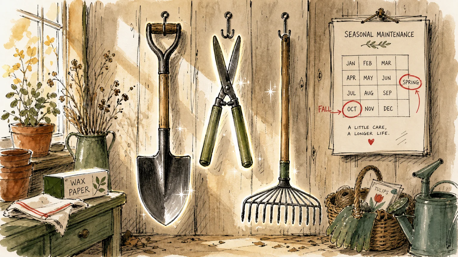 Ink and watercolor sketch of garden tools hanging on a wall with a calendar indicating seasonal care.
