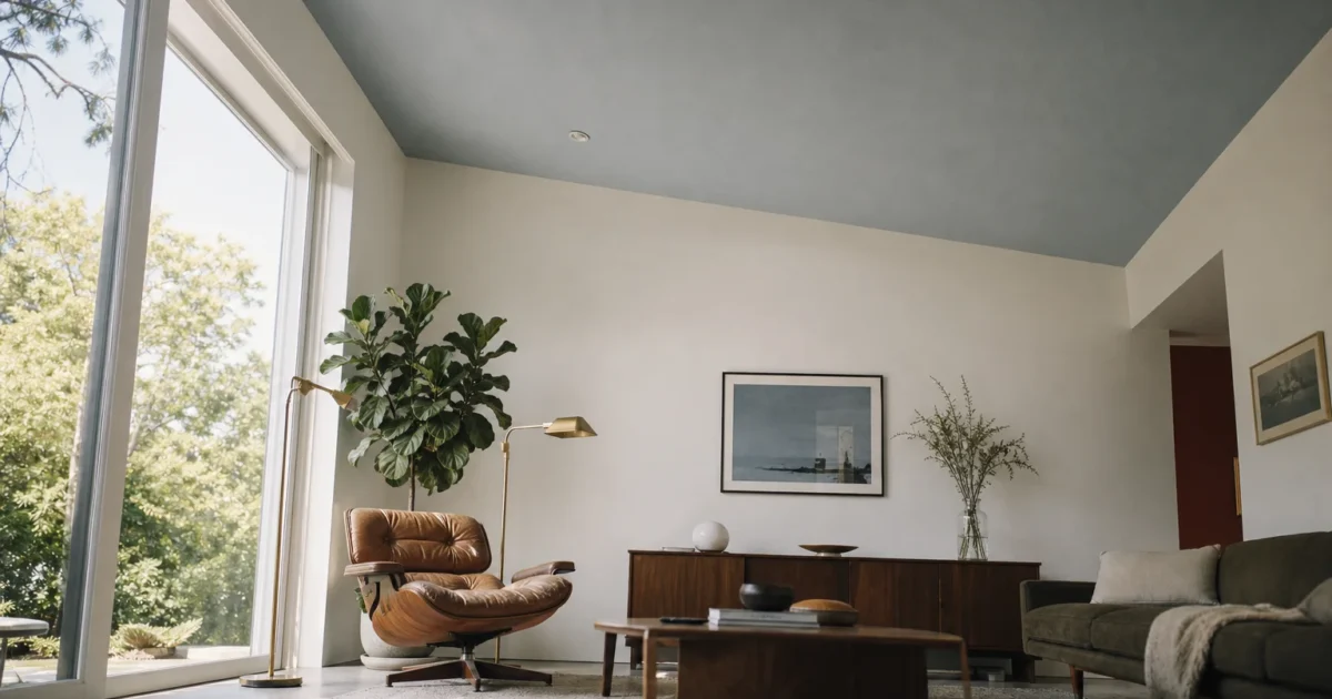 Low-angle shot of a living room with a pale blue-gray ceiling and low-profile furniture under bright natural light.