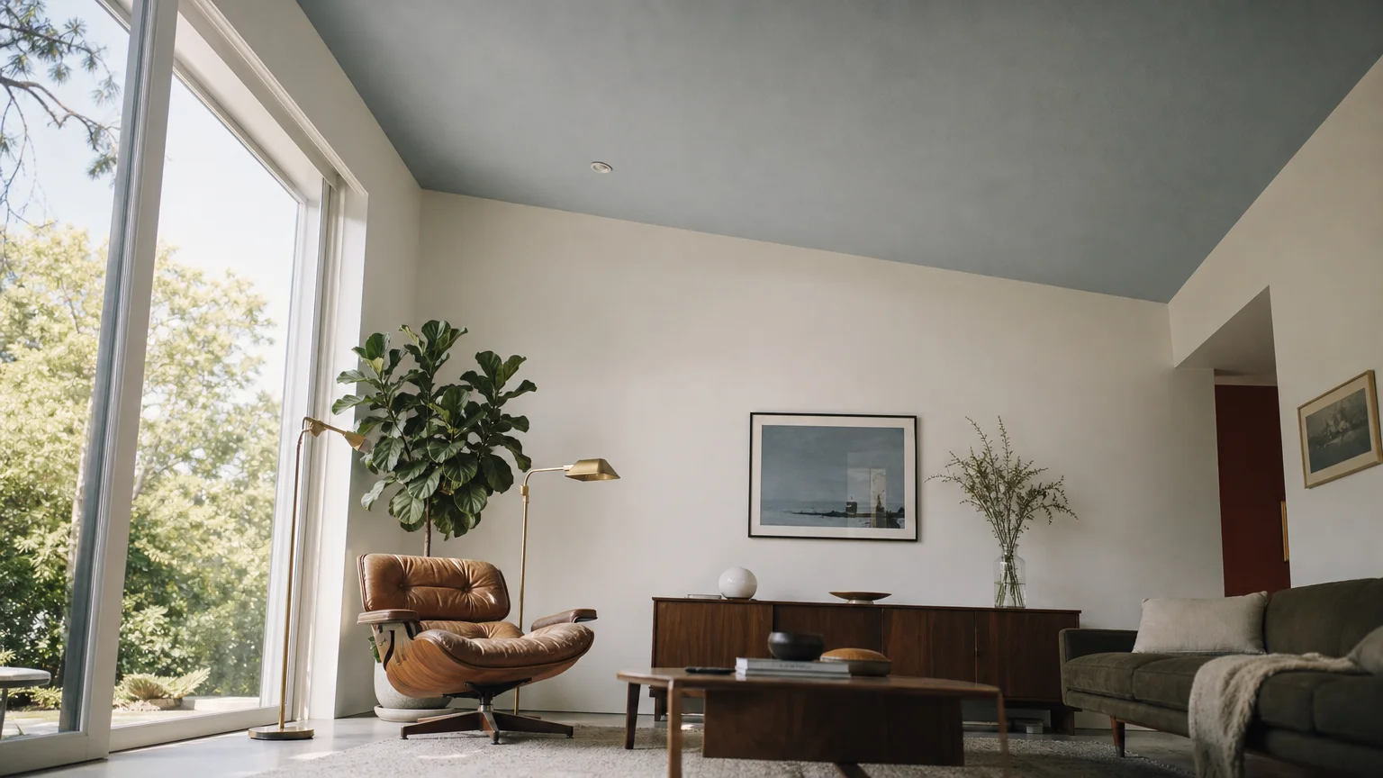 Low-angle shot of a living room with a pale blue-gray ceiling and low-profile furniture under bright natural light.
