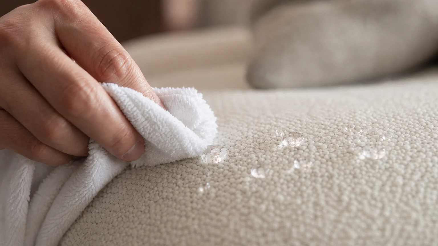 Macro photograph of water beading on stain-resistant cream bouclé couch fabric as a hand blots it with a microfiber cloth.