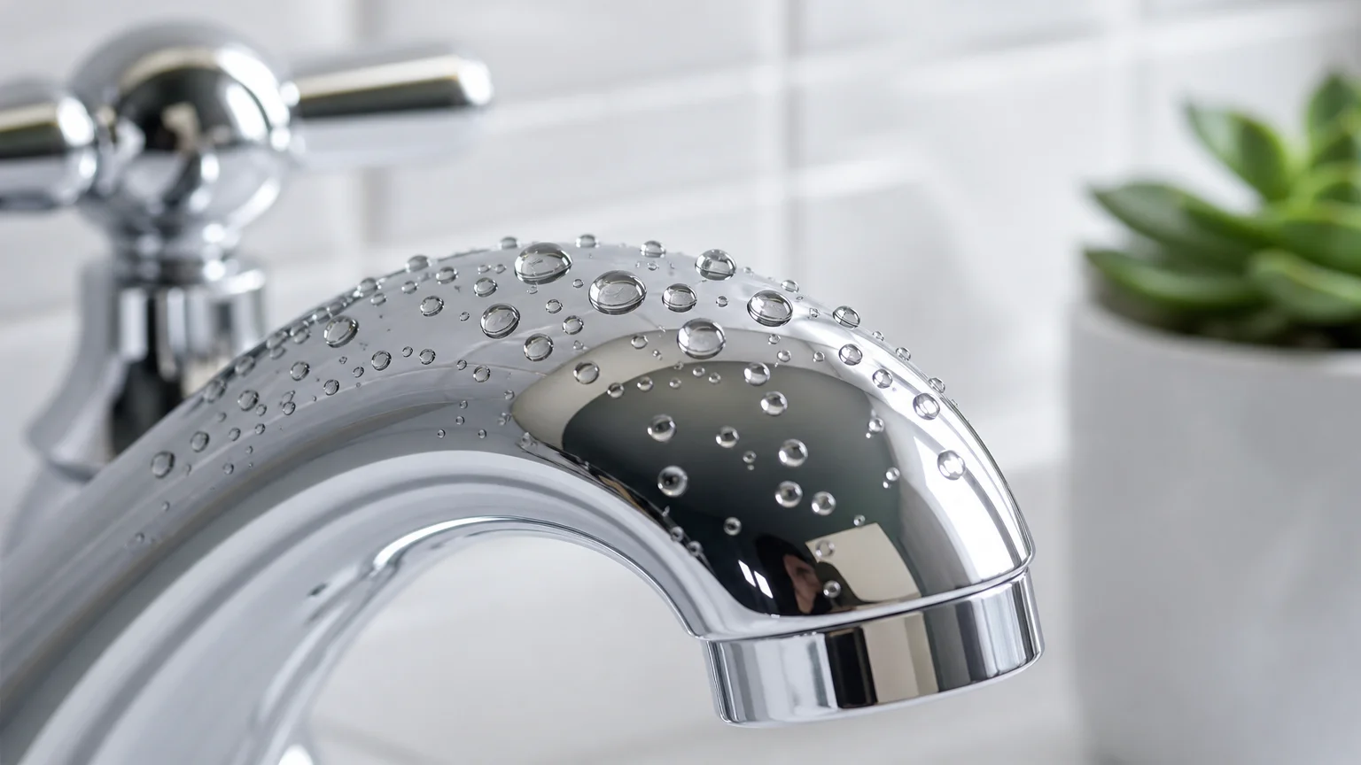 Macro shot of water beading perfectly on a shiny, wax-treated chrome faucet.