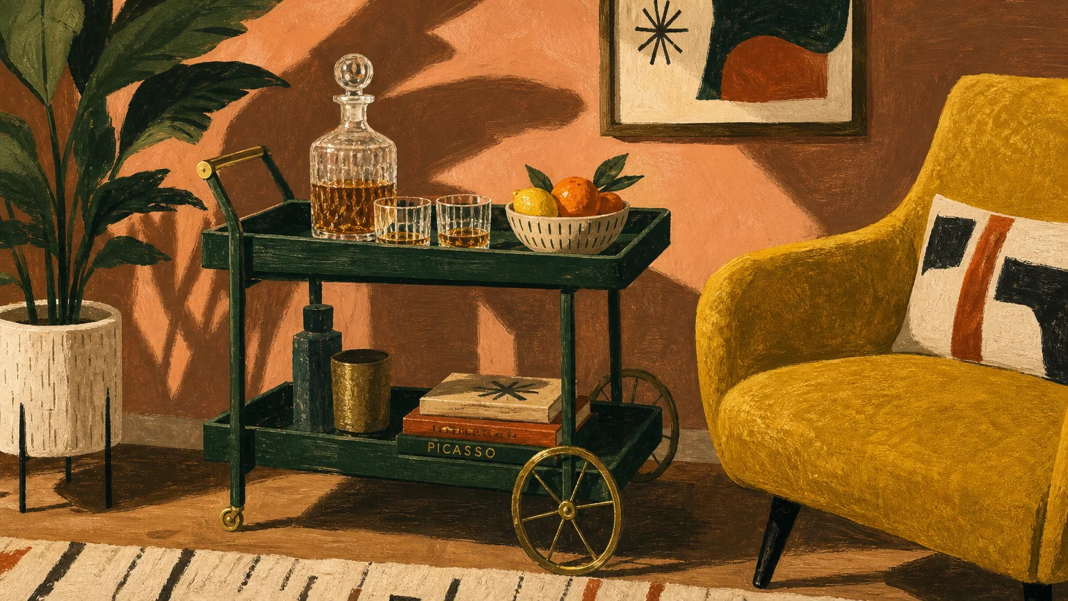 Textured gouache painting of a stylish mid-century modern bar cart and a mustard yellow lounge chair.