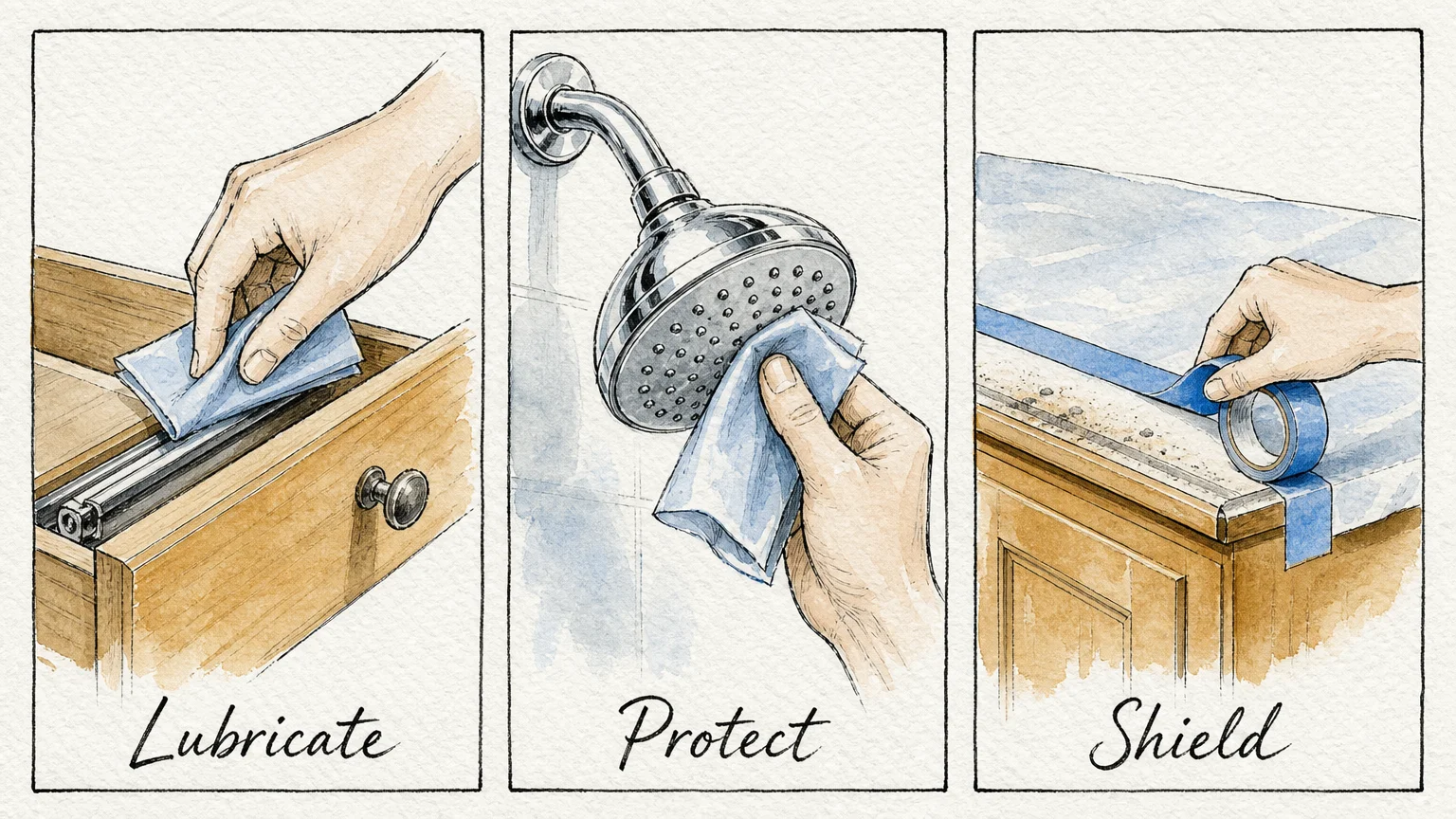 Three-panel illustration showing wax paper being used on a drawer track, a shower head, and a cabinet top.