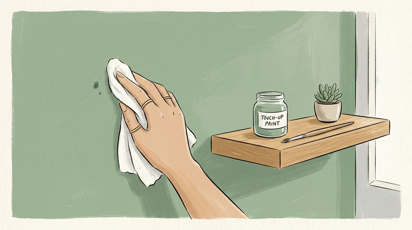 A clean gouache illustration showing a hand wiping a sage green wall with a soft cloth, beside a small jar of touch-up paint.