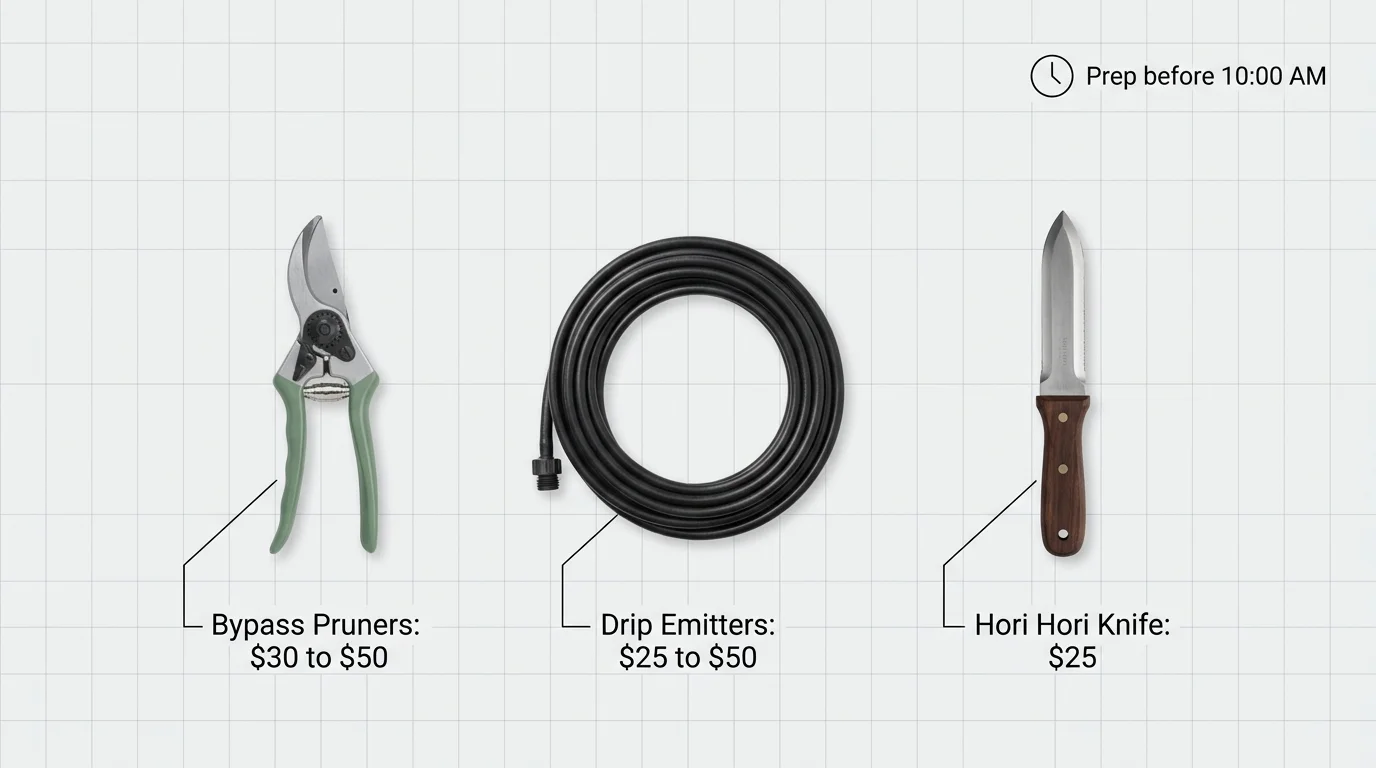 A clean horizontal diagram showing essential summer gardening tools with their exact costs and a prep clock icon.