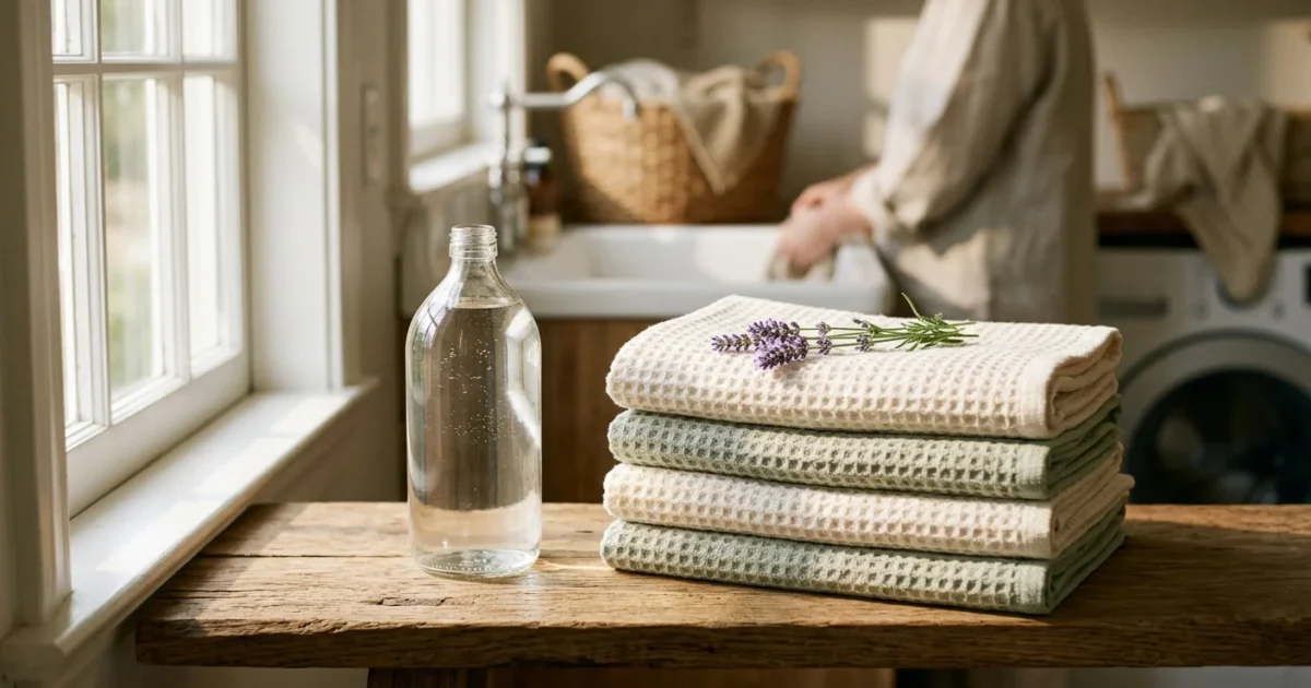 A clear glass bottle of vinegar stands next to a stack of soft, folded cotton towels on a wooden shelf in a sunlit laundry room.