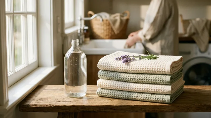 A clear glass bottle of vinegar stands next to a stack of soft, folded cotton towels on a wooden shelf in a sunlit laundry room.