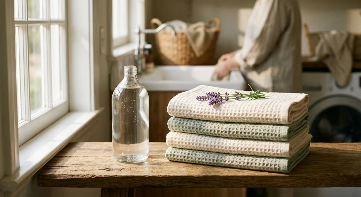 A clear glass bottle of vinegar stands next to a stack of soft, folded cotton towels on a wooden shelf in a sunlit laundry room.