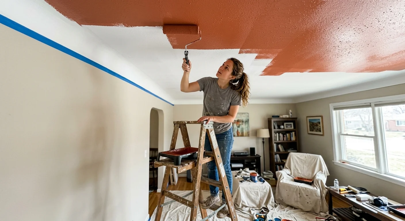 A close-up, low-angle photo of a person on a step ladder using a roller to apply terracotta paint to a ceiling.
