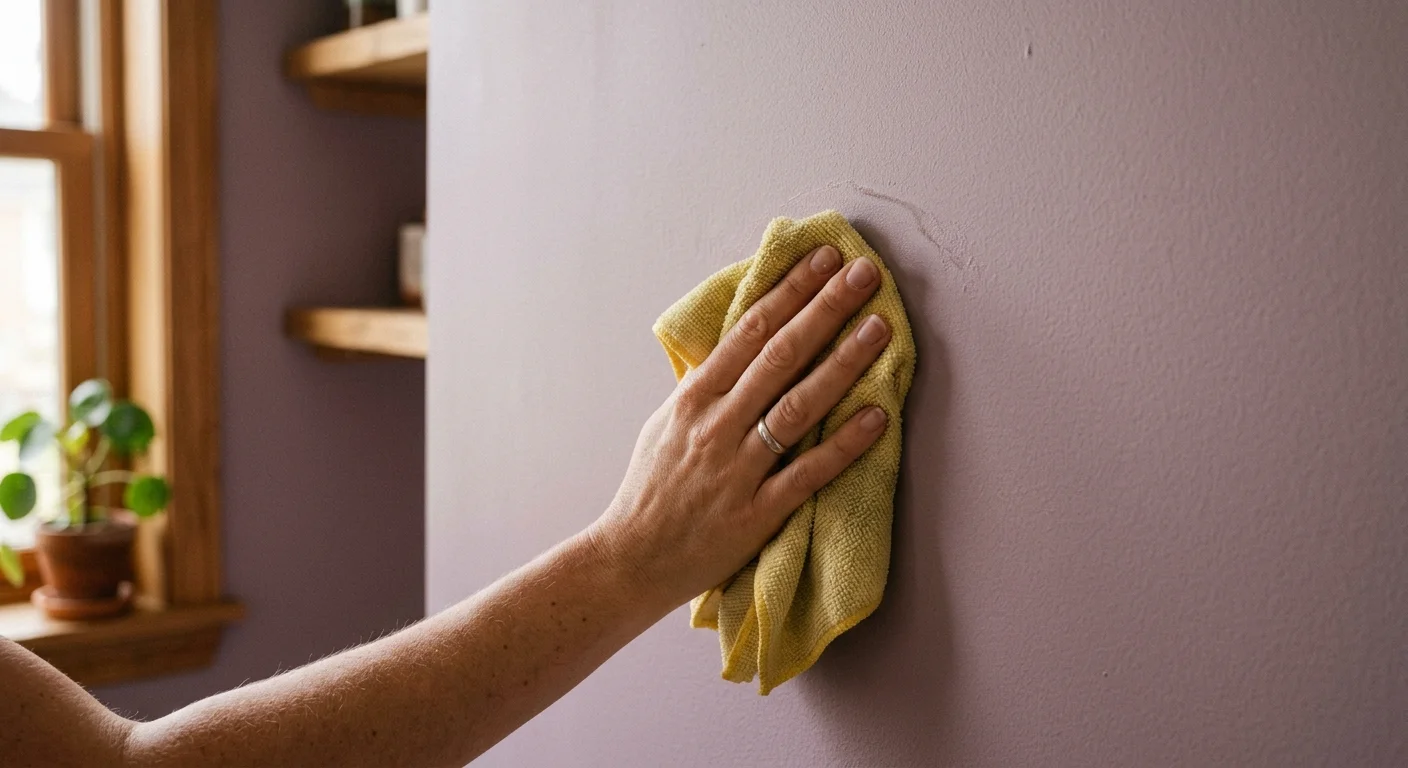 A close-up of a hand gently wiping a smudge off a matte dusty lilac wall with a damp microfiber cloth.