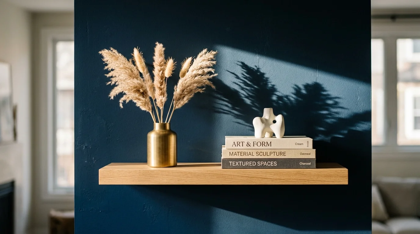 A close-up of a wooden shelf with brass decor and dried pampas grass against a matte navy blue wall, with a sharp beam of sunlight.