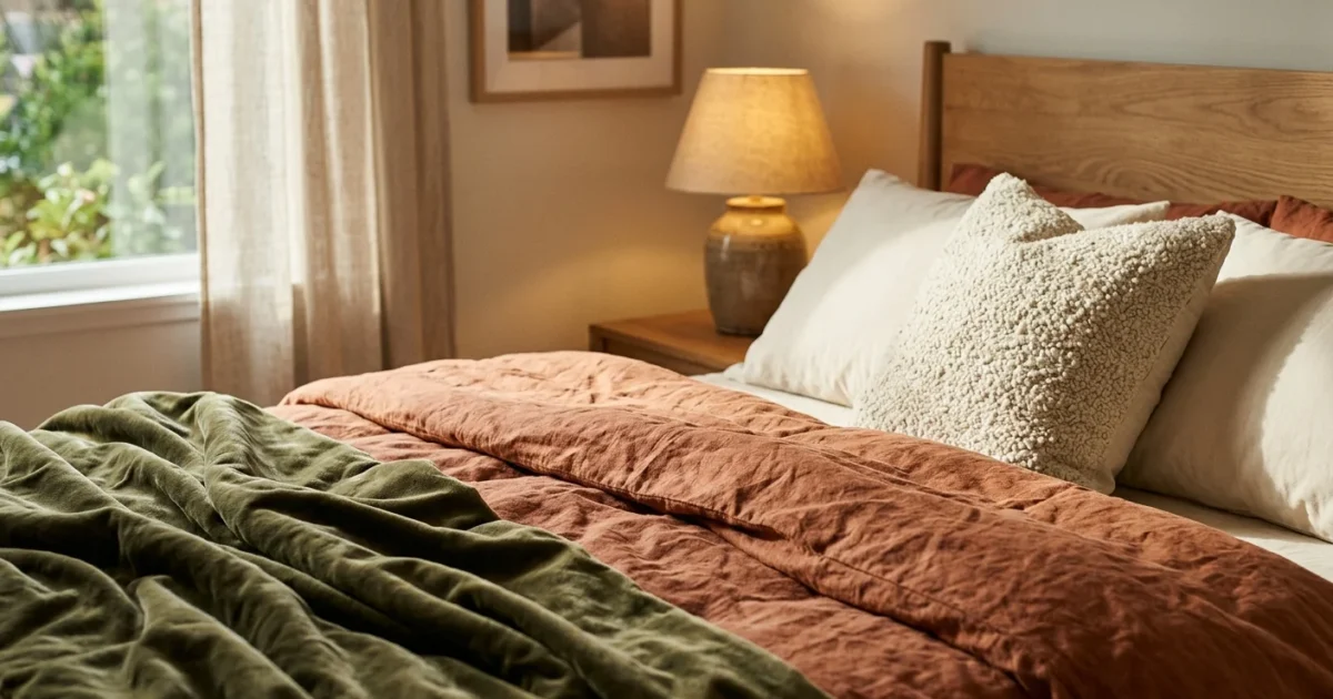 A close-up of bedroom bedding layers featuring terracotta linen, a green velvet throw, and a cream boucle pillow.