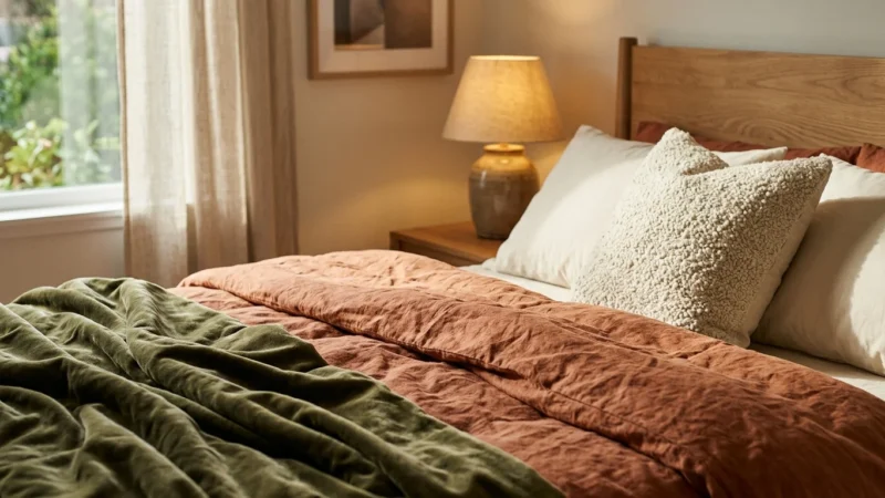 A close-up of bedroom bedding layers featuring terracotta linen, a green velvet throw, and a cream boucle pillow.