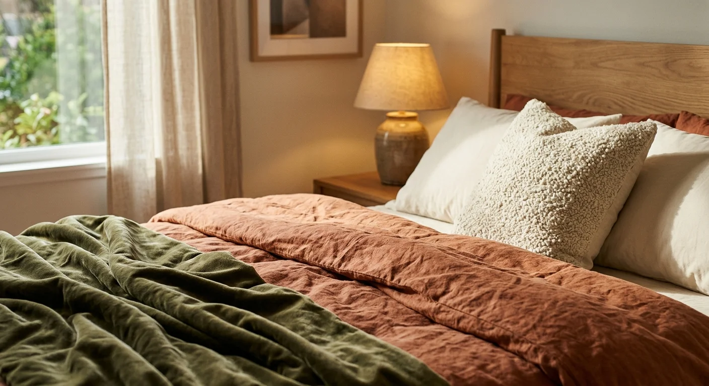 A close-up of bedroom bedding layers featuring terracotta linen, a green velvet throw, and a cream boucle pillow.