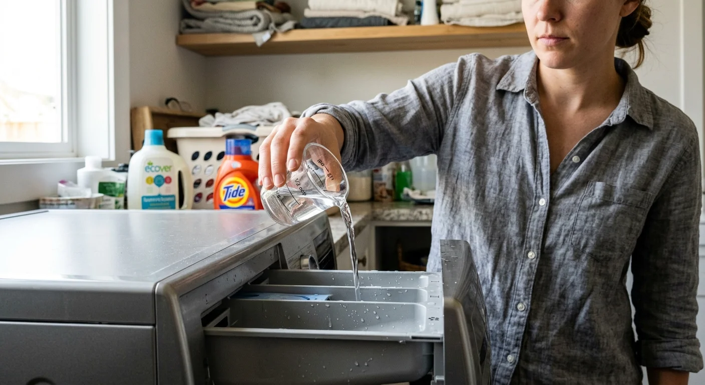 A close-up photo of a hand pouring a half-cup of clear vinegar into the detergent drawer of a washing machine.