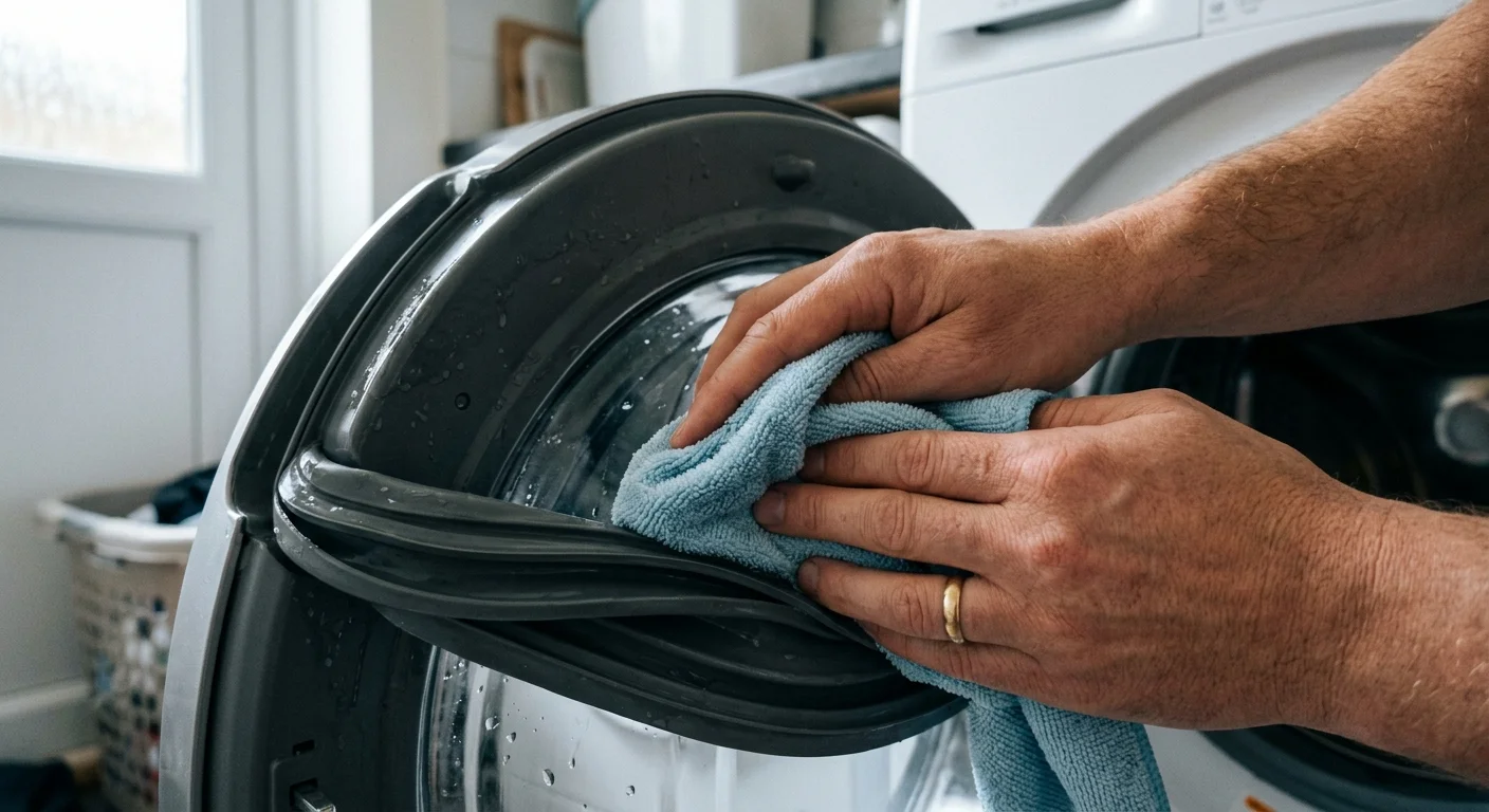 A close-up photo of a person wiping down the rubber seal of a washing machine door with a microfiber cloth.