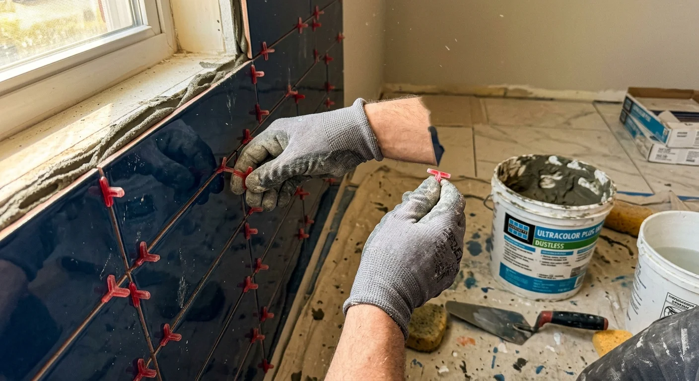 A close-up photograph of a DIYer placing a plastic spacer between glossy midnight blue tiles during installation.