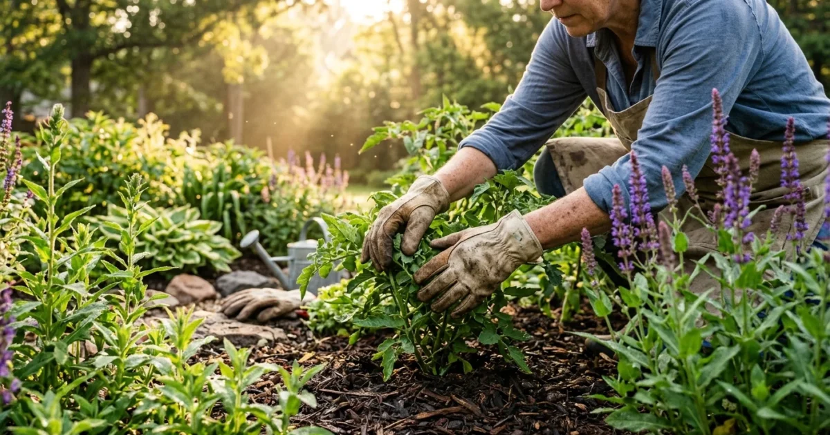 A close-up photograph of a gardener's gloved hands working in a lush summer garden with fresh mulch under soft morning light.