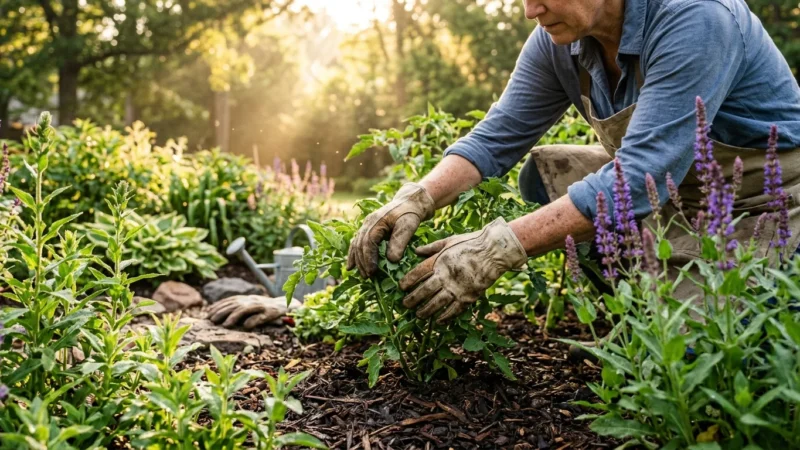 A close-up photograph of a gardener's gloved hands working in a lush summer garden with fresh mulch under soft morning light.