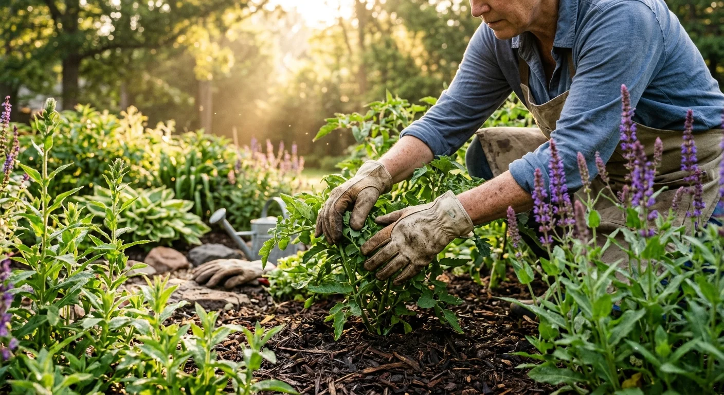 A close-up photograph of a gardener's gloved hands working in a lush summer garden with fresh mulch under soft morning light.