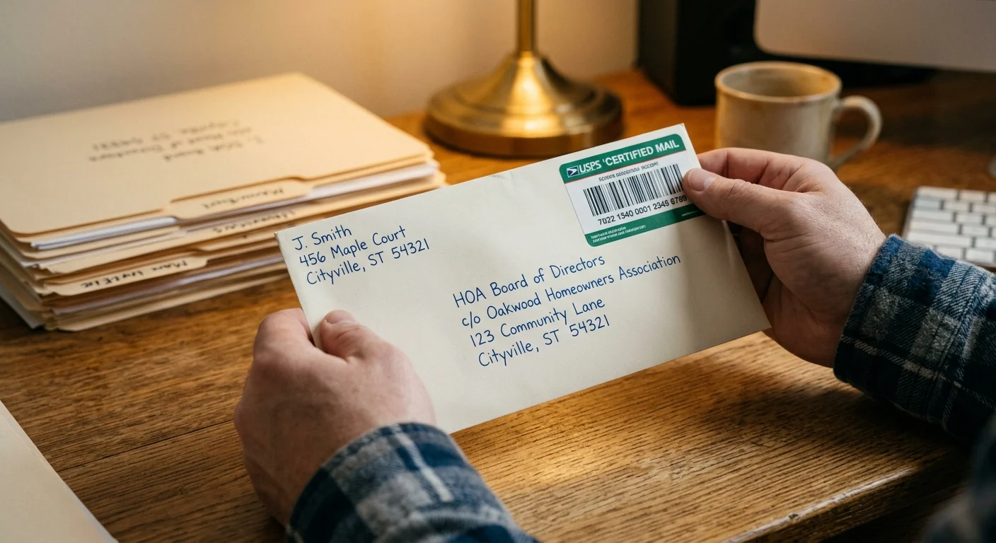 A close-up photograph of a person's hands holding a certified mail letter addressed to an HOA Board of Directors.