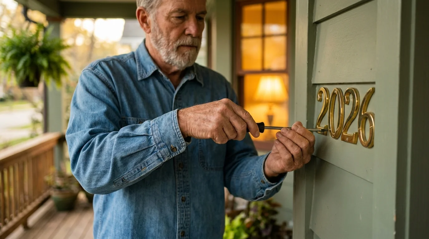 A close-up photograph of a senior homeowner mounting a brass house number to a freshly painted green porch frame.