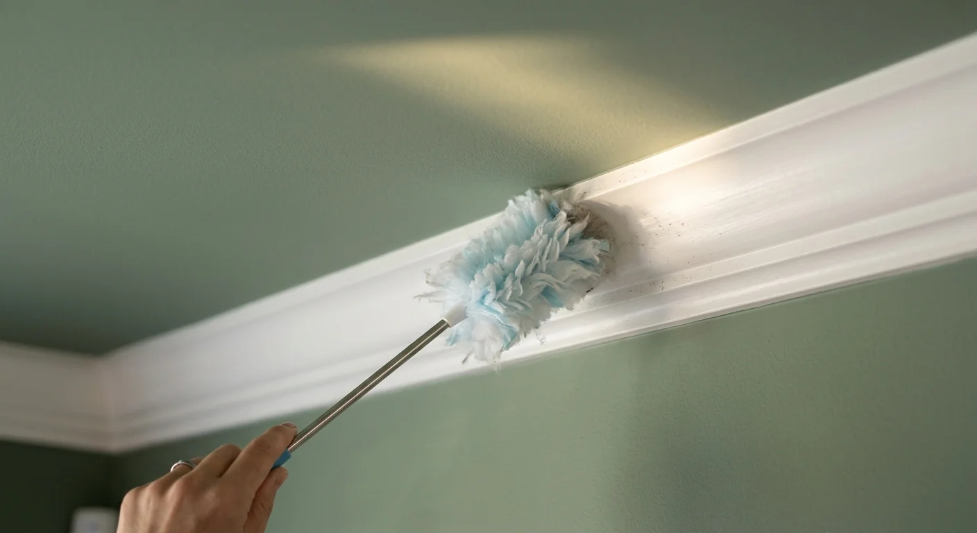 A close-up photograph of a soft duster cleaning the edge of a sage green painted ceiling and white crown molding.