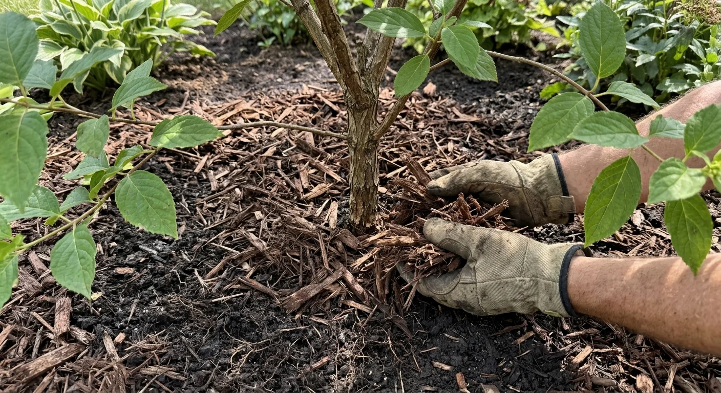 A close-up photograph of hands in work gloves carefully spreading dark organic mulch around a green plant base.