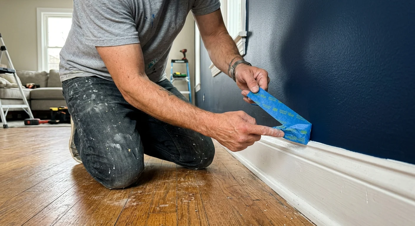 A close-up photograph of hands peeling blue painter's tape off a white baseboard to reveal a clean line of navy blue paint.