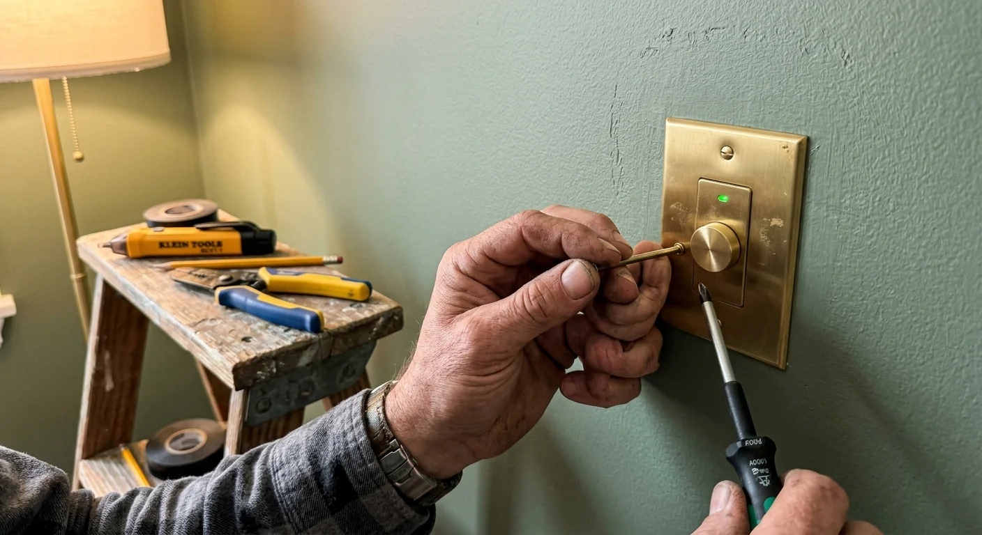 A close-up photograph of hands using a screwdriver to install a brass dimmer switch plate on a sage green wall.