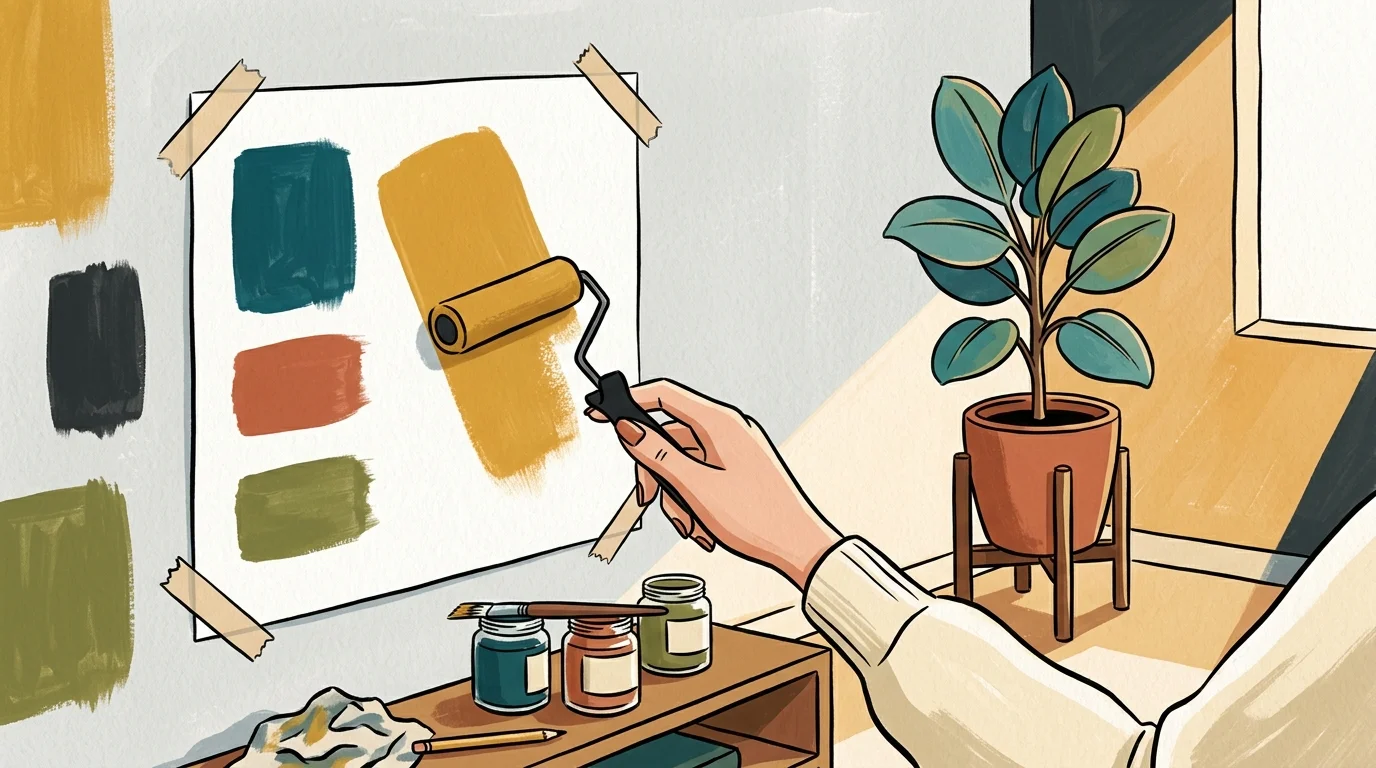 A colorful gouache illustration of a hand using a mini roller to apply a stroke of yellow paint onto a white poster board on a gray wall.