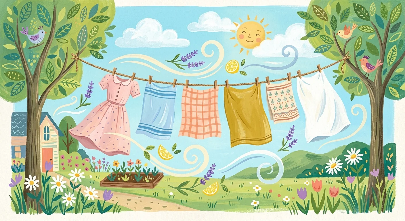 A colorful gouache illustration of soft laundry hanging on a clothesline in a sunny yard with stylized lavender and lemon wind swirls.