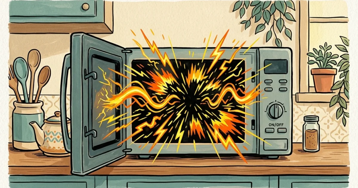 A conceptual gouache and ink illustration of an open microwave on a kitchen counter, with stylized gold sparks radiating from its dark inter